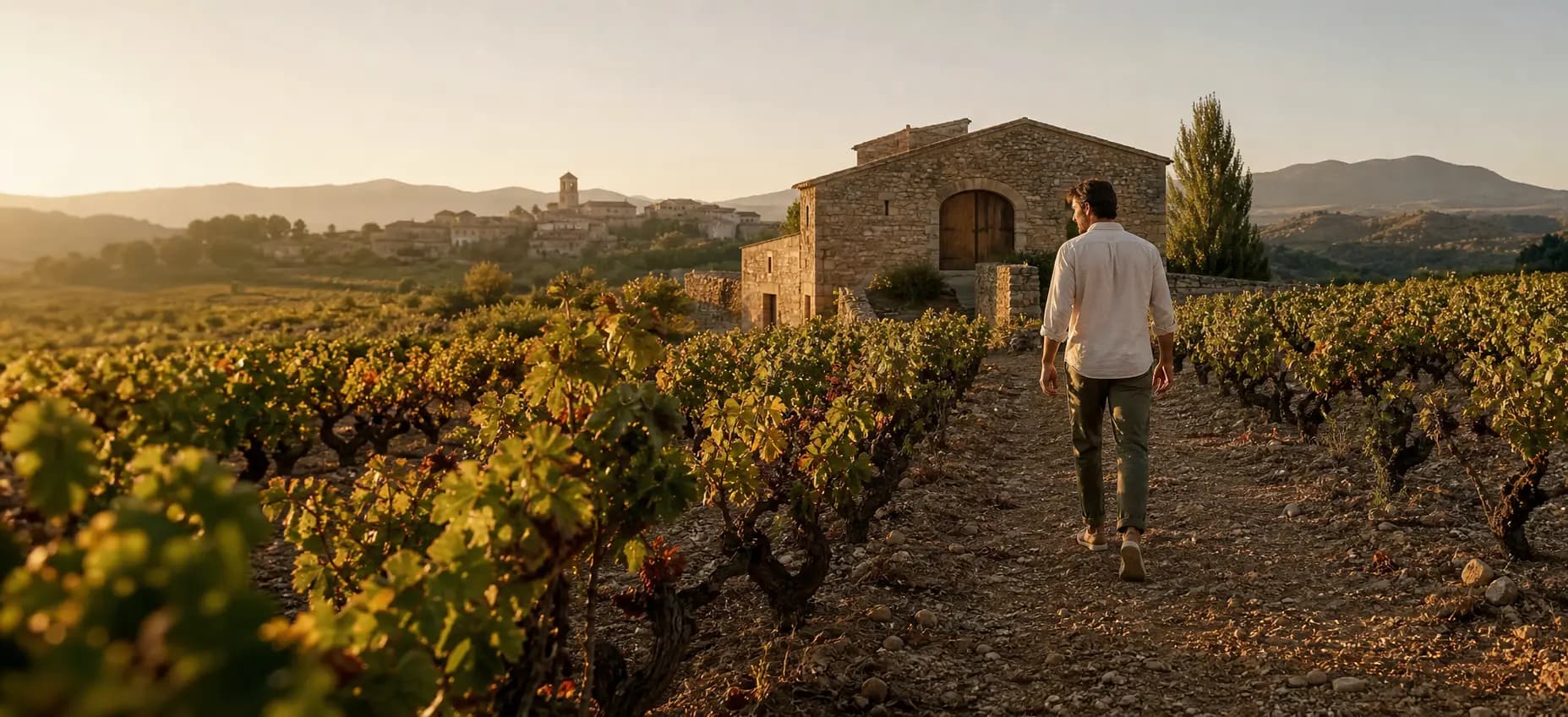Una viajera recorriendo un viñedo español al amanecer